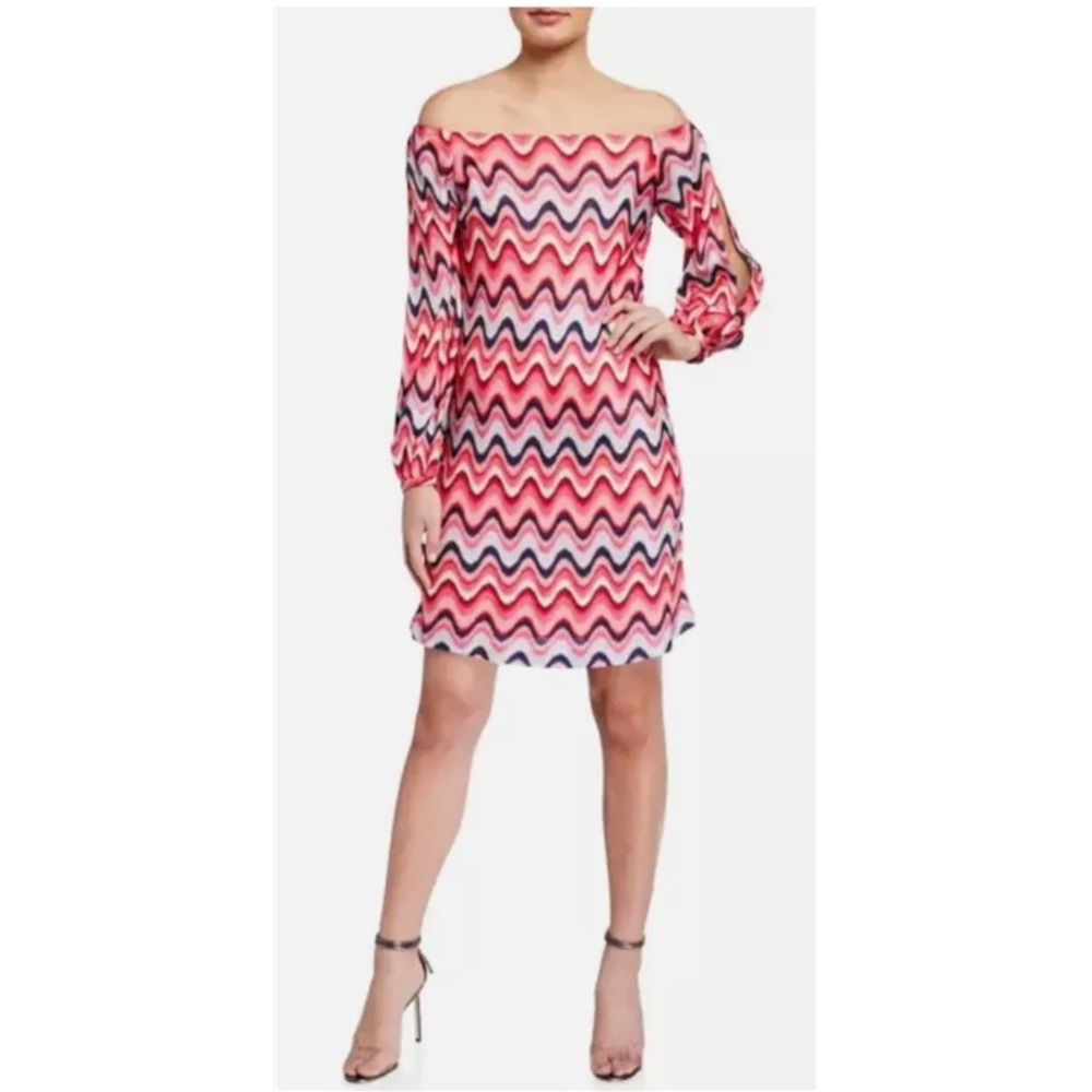 NWT Trina Turk 8 Fresh Dress Pink Blue Chevron Off Shoulder 117625